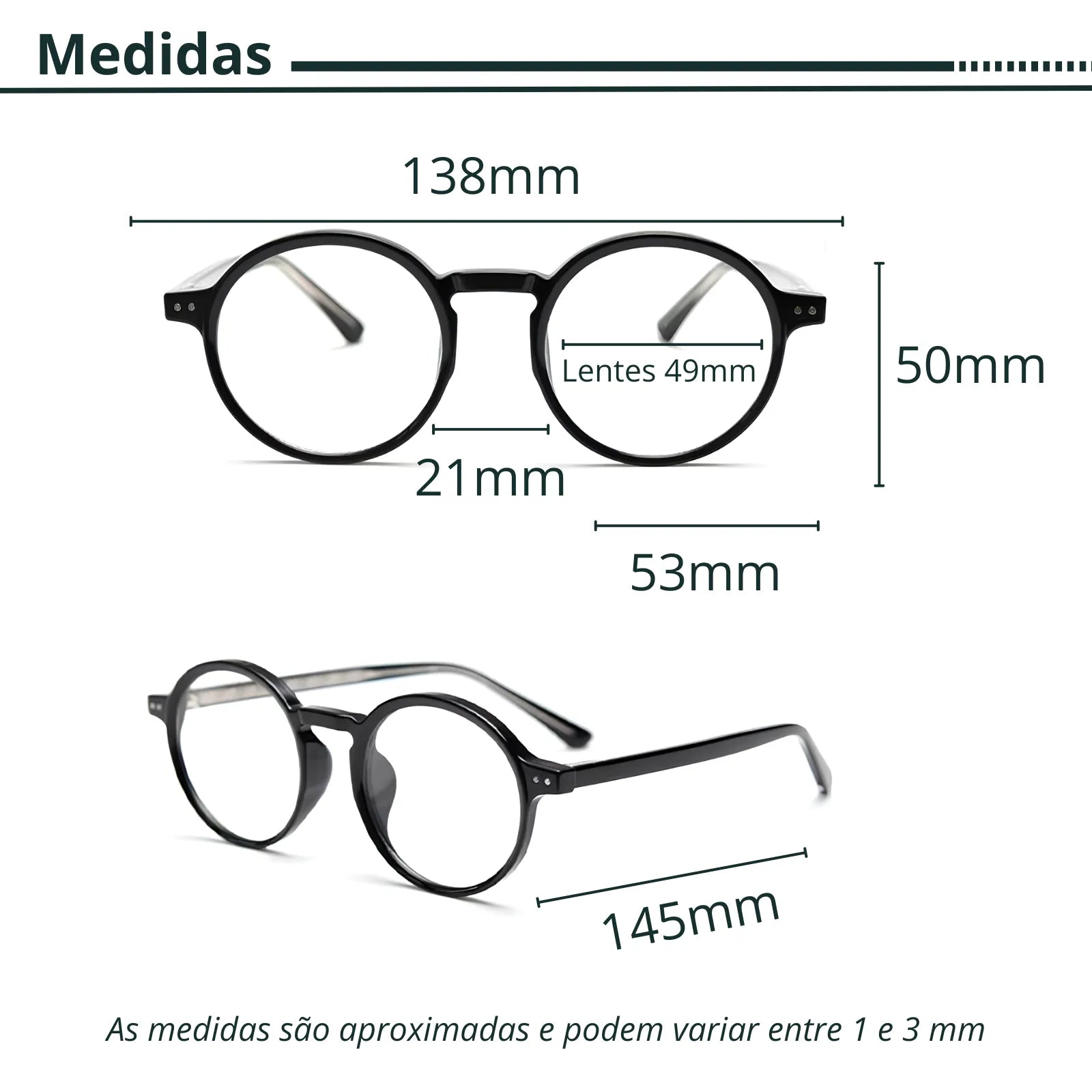 Medidas do Óculos de grau Flux retrô redondo