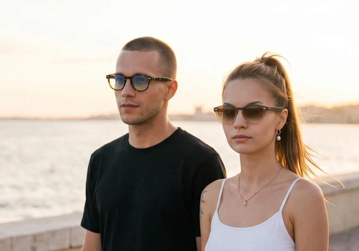 Casal passeando na praia usando o óculos Rviera