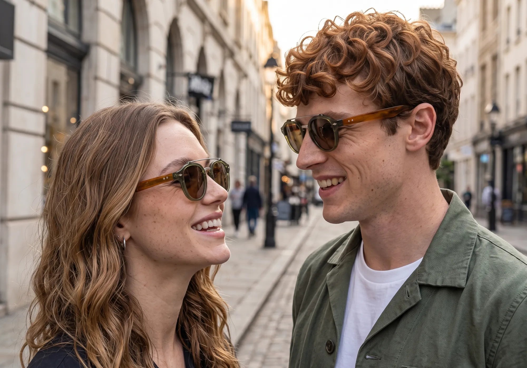 Mulher e Homem Usando o Óculos Cannes Polarizado Verde com Lentes Marrons na Cidade