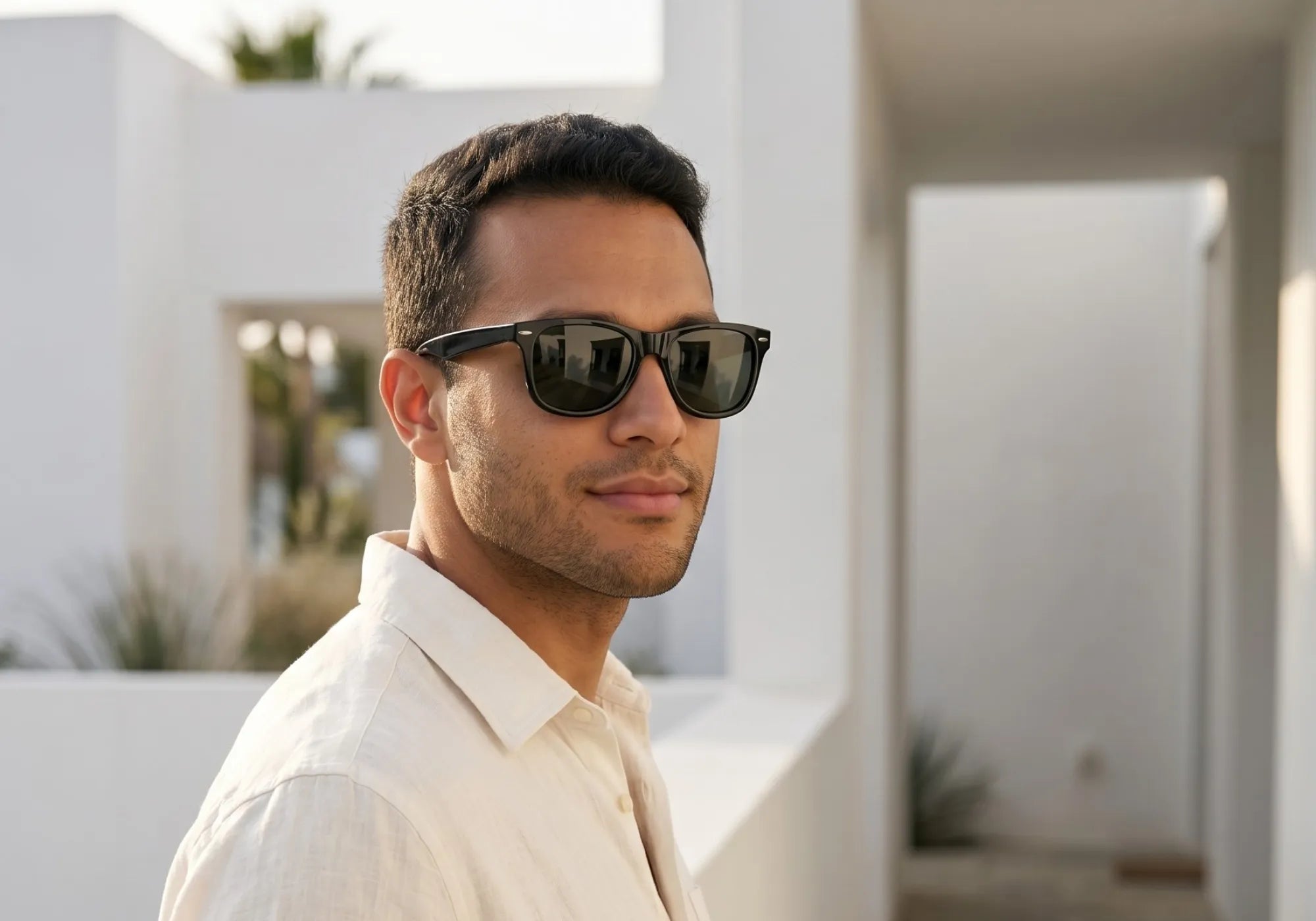 Homem Usando Óculos Aster Preto com Lentes Verdes no Ar Livre