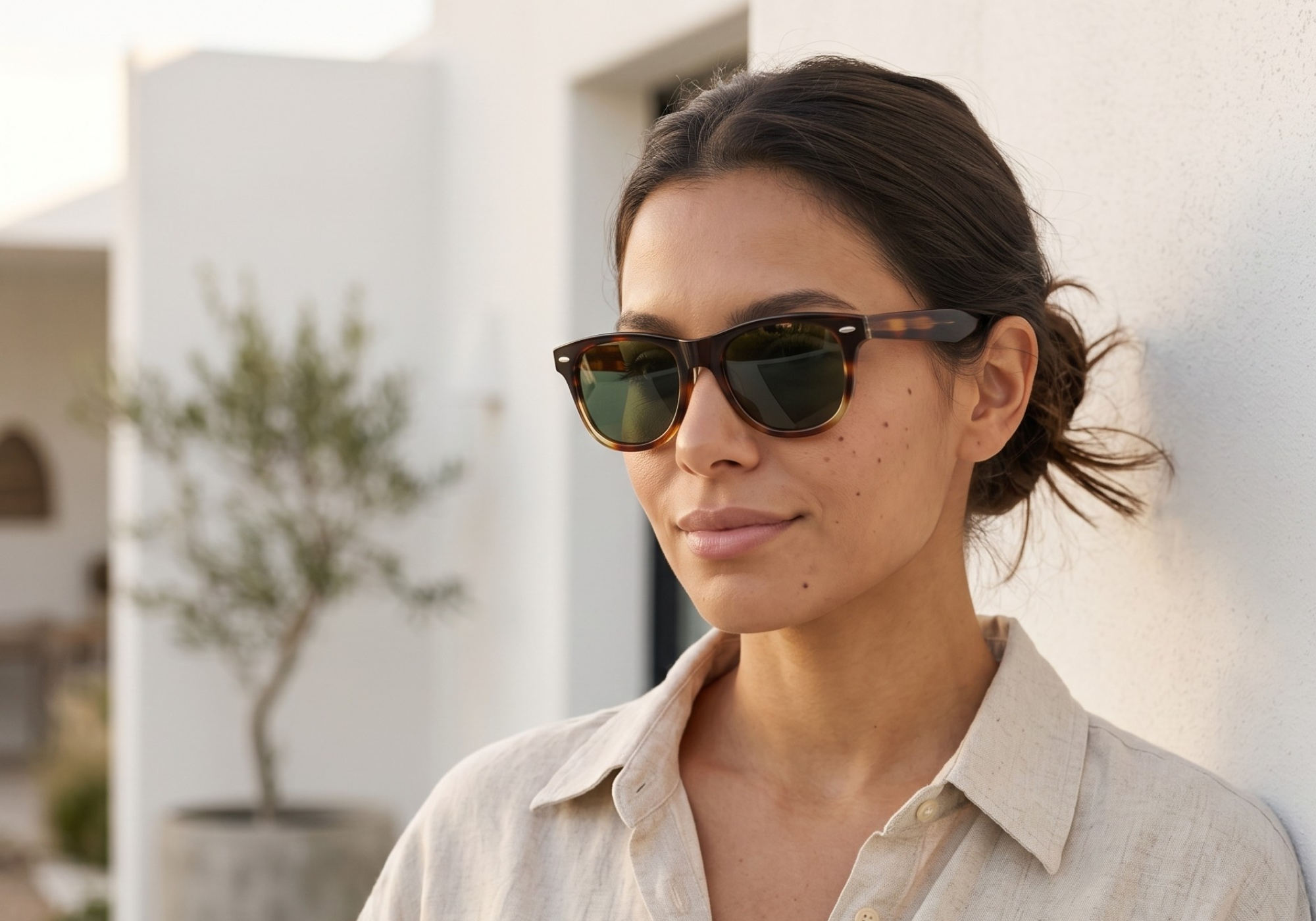 Mulher Usando Óculos Aster Havana com Lentes Verdes no Ar Livre