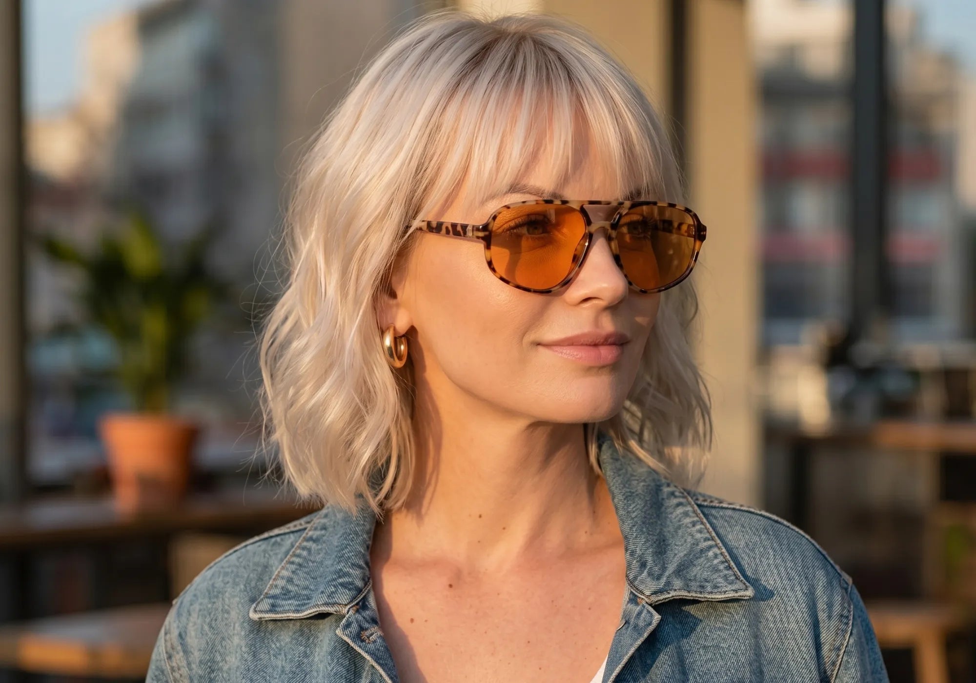 Mulher Usando o Óculos Essenza cor Leopardo Bronze com Lentes Mel na Cidade