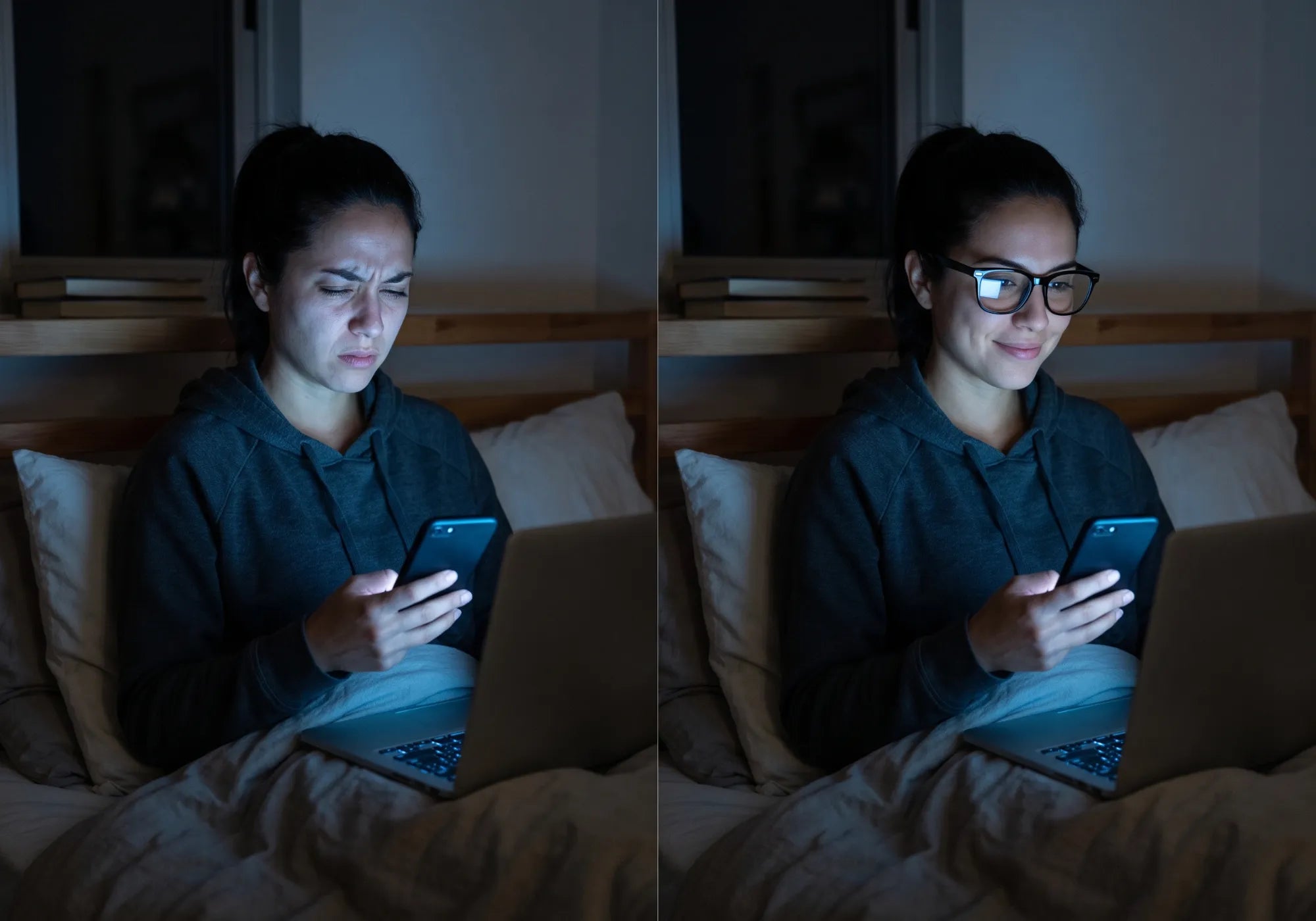 Antes e Depois da Mulher Usando Óculos com Lentes Anti-Luz Azul